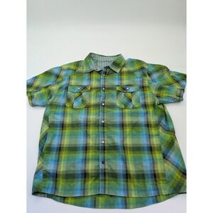 MOUNTAIN HARDWEAR Shirt Men XL Pastel Plaid Blue Yellow Pearl Snap Lounge Camp